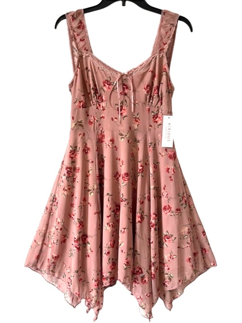 NWT Kirious Pink Floral Handkerchief Hem Mini Dress Large Boho Coquette